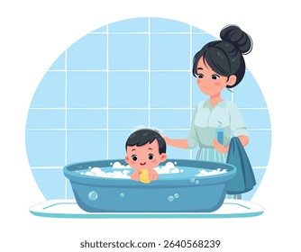 Mother Bathing Her Baby – Cartoon Vector Illustration