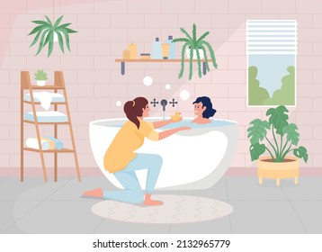 Madre bañando a su hija en una ilustración vectorial de color plano. Disposición de estilo escandinavo. Ánimo. Familiares felices personajes de dibujos animados simples en 2D con baño en segundo plano