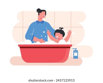 Mother is bathing her daughter, with lots of foam in the bathroom. Character design. Vector flat illustration