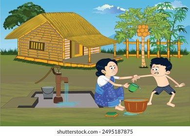 A mother bathing her little son in front of the house by a tube well in a village scene. Indian village house background