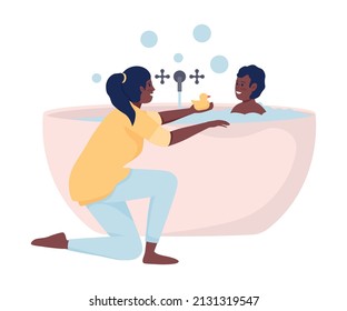 Mother bathing her son semi flat color vector characters. Sitting figure. Full body people on white. Bathroom routine simple cartoon style illustration for web graphic design and animation