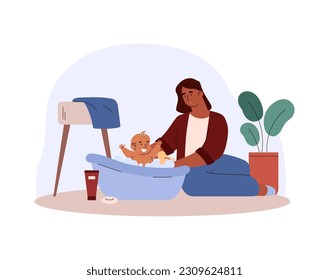 Mother bathing newborn baby in bath, flat cartoon vector illustration isolated on white background. Child raising and baby care parental chores concept.