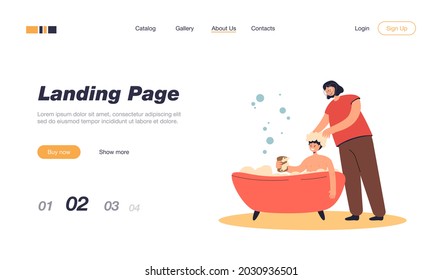 Mother bathing son and washing hair. Woman helping boy clean himself, foamy bathtub, kid holding soap flat vector illustration. Family, parenting concept for banner, website design or landing web page