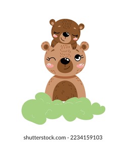 Mother bear with baby. Sticker for social networks and instant messengers. Forest inhabitants in bushes, flora and fauna. Biology and zoology. Nature and wild life. Cartoon flat vector illustration