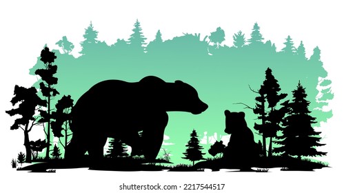 Mother bear with cub. Wild animals. Silhouette figures. Glade in coniferous northern forest taiga. Isolated on white background. Vector.