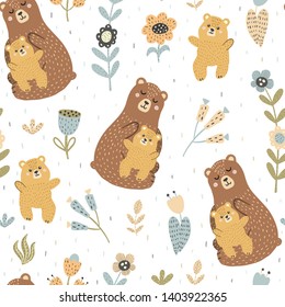 Mother bear with her baby seamless pattern. Background for children. Vector illustration