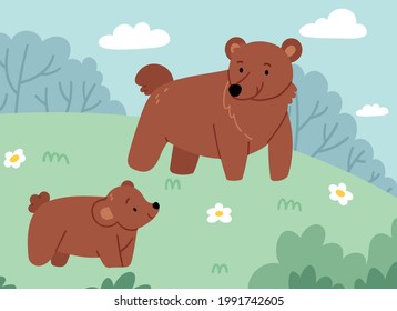 Mother bear with her child walking on the lawn. Animals near the forest. Illustration for children's book.