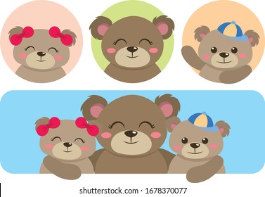 Mother bear with her kids circle background template. Mother bear and her kids in pastel background colour. Mother bear and her kids are hugging together. Mother's love. Happy family. Love each other.