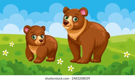 Un oso madre y un osezno pequeño están de pie en un claro del bosque. Linda Ilustración vectorial de mamá y bebé en estilo de dibujos animados.