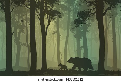 Mother bear with a little bear is walking in the forest, birds fly, deer graze far away. Vector illustration