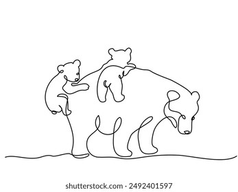 Mother bear sits with two cubs. Big bear family. Mom and kids concept. Continuous one line drawing. Vector illustration.