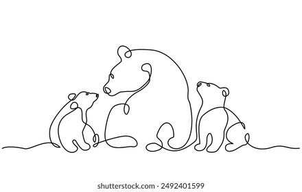 Mother bear sits with two cubs. Big bear family. Mom and kids concept. Continuous one line drawing. Vector illustration.