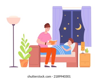 Mother bedtime story. Mom read fairy book for kid son, babynight reading children storybook night home bedroom sleep time, baby listen parent telling fairytale, vector illustration of book motherhood