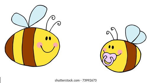 Mother Bee Flying With Baby Bee Cartoon Characters
