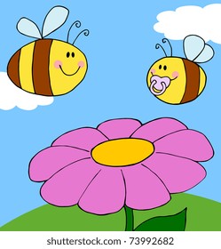 Mother Bee Flying With Baby Bee Over Flower Background