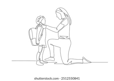 Mother before sending the child to school. Saying goodbye to their children concept one-line drawing