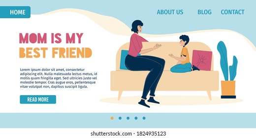 Mother best friend for child landing page. Mom talking expressing love, care to son. Happy family sitting on sofa at home. Parent child nice conversation, trusting relationship, good pastime together