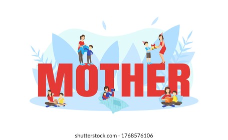 Mother Big Word with Tiny Parents and Children Spending Time Together Vector Illustration