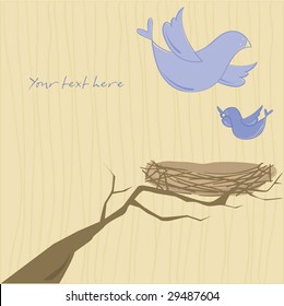 Mother Bird And Baby Bird Flying To Nest With Area For Your Text