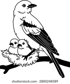 Mother Bird with Chicks in Nest on Tree Branch Vector Illustration	