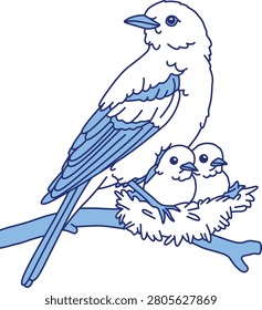 Mother Bird with Chicks in Nest on Tree Branch Vector Illustration