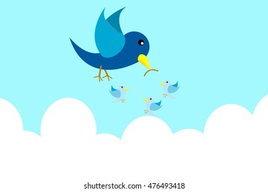 Mother bird feed baby bird. Graphic illustrator. vector