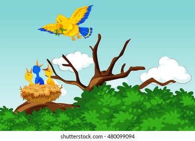 Mother bird feeding the babies with worms illustration
