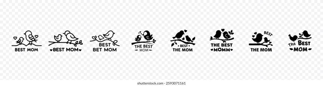 Mother Bird Feeding Baby Bird with "Best MOM" Icon – Love and Nurturing Symbol, Mother Bird Feeding Baby Bird on Branch with Best MOM Text Icon