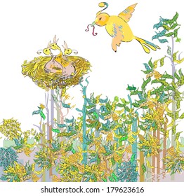 Mother bird feeding its chicks,  concept of mother care, illustration and vector in doodle style