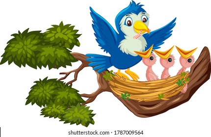 Mother Bird Feeding Chicks Illustration