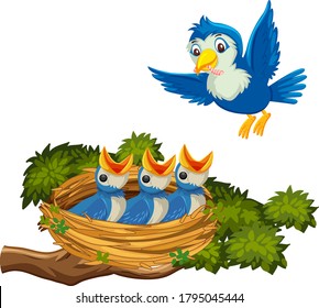 Mother Bird Feeding Chicks Illustration