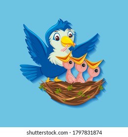 Mother bird feeding chicks illustration