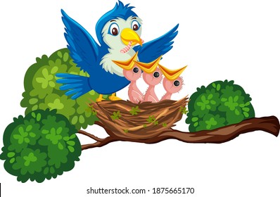 Mother Bird Feeding Chicks Illustration