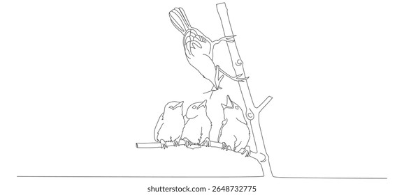 Mamãe Pássaro Alimentando Pintos no Ninho - Linha Arte Vetor Ilustração