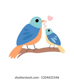 Mother Bird Feeding Her Chick, Cute Forest Birds Family Vector Illustration on White Background. Vector Illustration