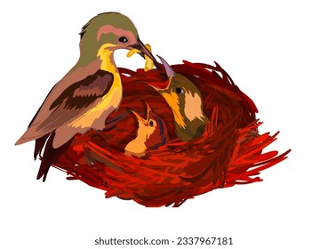 mother bird feeding her chicks, without background