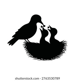 A mother bird feeding her three chicks in a woven nest