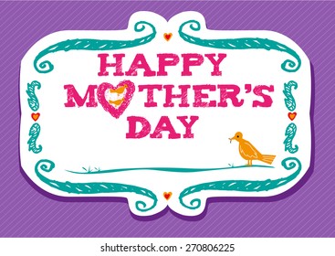 A Mother Bird Goes to Feed his Babies on a Heart Nest. Happy Mother's Day concept doodle illustration vector. 