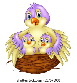 Mother bird with her two babies in the nest
