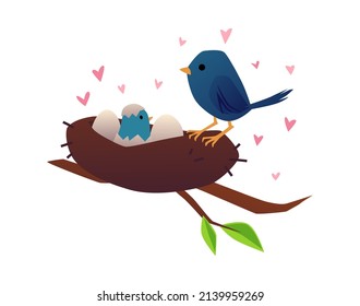 Mother bird in nest with chick and eggs, flat cartoon vector illustration isolated on white background. Birds family of mom and baby surrounded with love heart symbols.