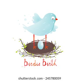 Mother Bird in Nest and Egg. Brightly Colored bird and her egg. Vector illustration EPS10.