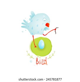 Mother Bird in Nest Feeding Egg. Brightly Colored bird feeding her egg. Vector illustration EPS10.