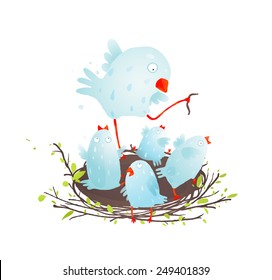 Mother Bird in Nest Feeding her Babies. Birdies in nest eating and feeding. Vector illustration EPS10.