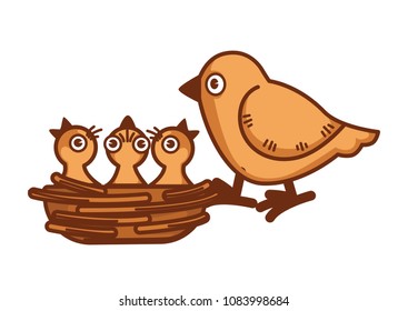Mother bird sits on edge of nest with babies