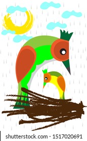 Mother bird and son at nest in the rain day