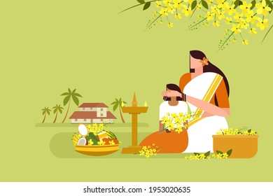 La madre le venda los ojos a su hija frente a cosas auspiciosas. Un gesto tradicional en el festival 'Vishu' de Kerala