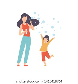 Mother Blowing Bubbles with Her Little Son, Happy Family Outdoor Activities Vector Illustration