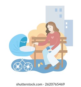Mother with blue baby stroller in the park. Autumn season
