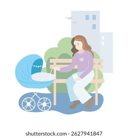 Mother with blue baby stroller in the park. Spring season