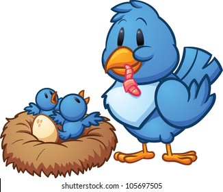 Mother blue bird feeding babies in a nest. Vector illustration with simple gradients. Mother and nest on separate layers for easy editing.